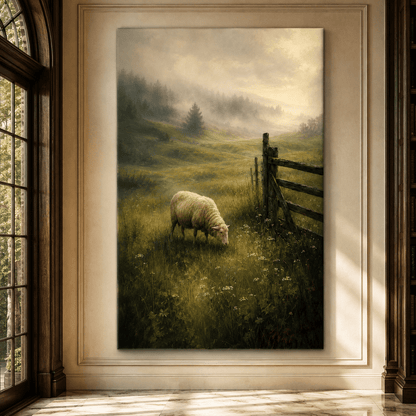 Sheep Grazing in Misty Meadow Wrapped Canvas Wall Art – Rustic Farmhouse Countryside Landscape Print - ART OF ROYALS