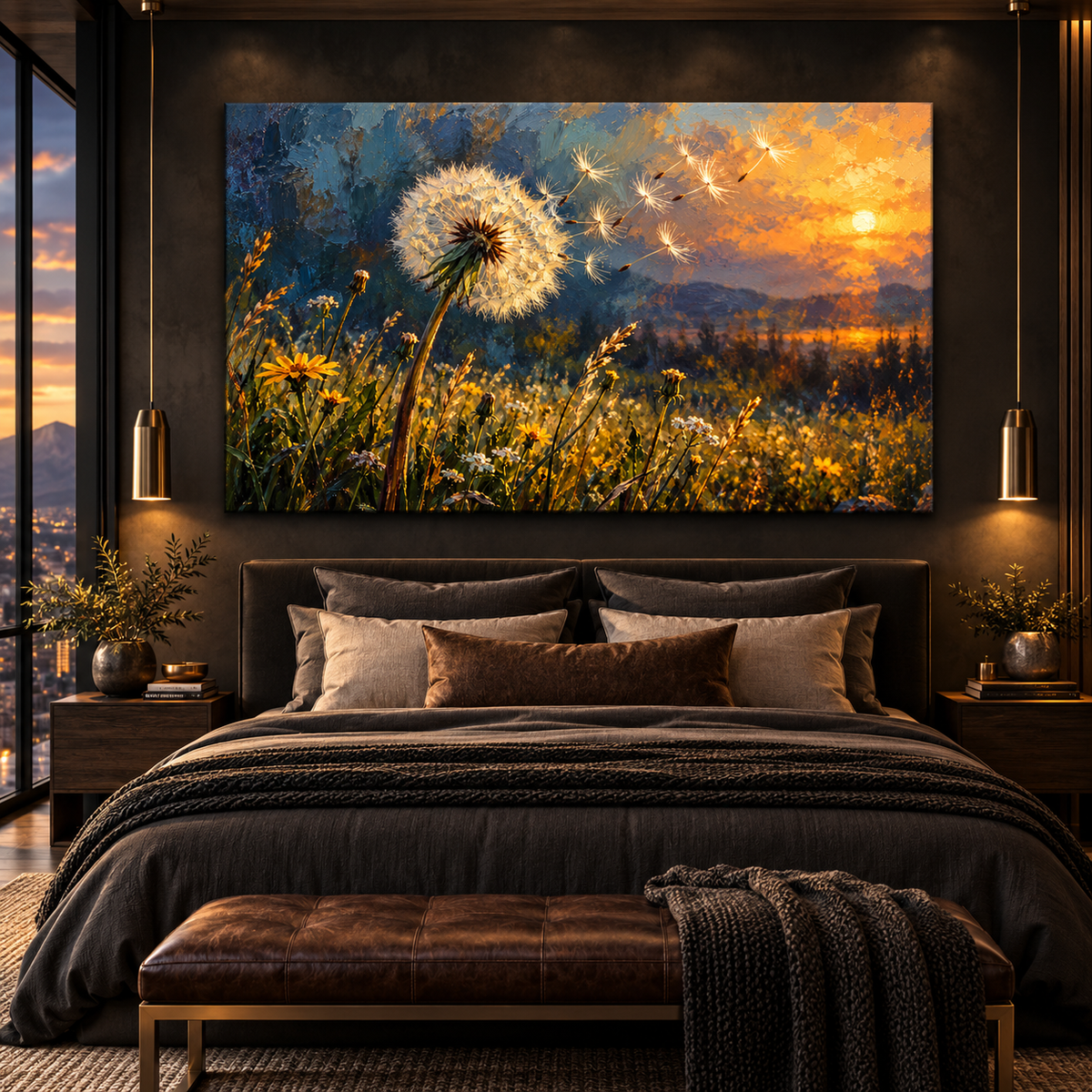 Golden Sunset Dandelion Wrapped Canvas Wall Art – Windblown Seeds & Wildflower Meadow Painting