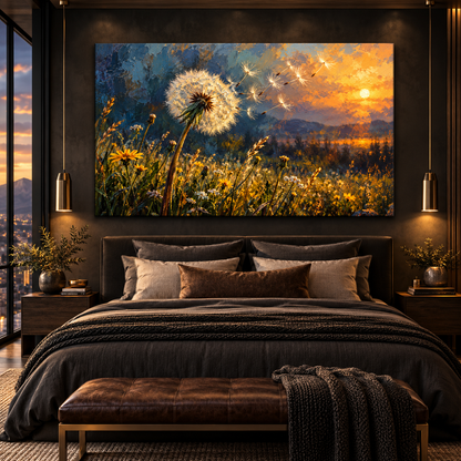 Golden Sunset Dandelion Wrapped Canvas Wall Art – Windblown Seeds & Wildflower Meadow Painting