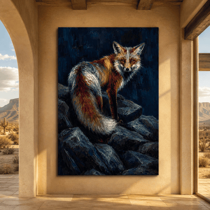 Red Fox on Rocky Ledge Wrapped Canvas Wall Art – Dark Moody Wildlife Painting Print - ART OF ROYALS