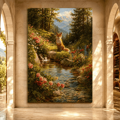 Red Fox by Mountain Stream Wrapped Canvas Wall Art – Wildflower Forest Wildlife Landscape Print - ART OF ROYALS