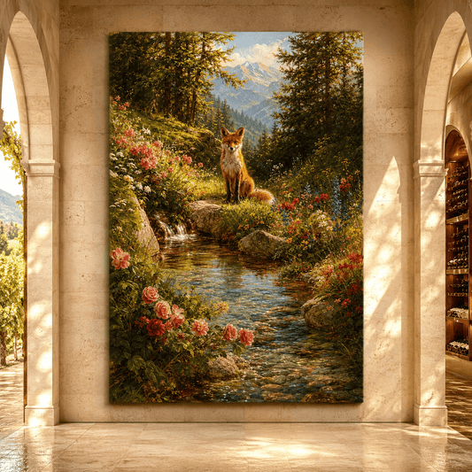 Red Fox by Mountain Stream Wrapped Canvas Wall Art – Wildflower Forest Wildlife Landscape Print - ART OF ROYALS
