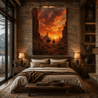 Two Cowboys Riding Into the Western Sunset Wrapped Canvas Wall Art – Desert Canyon Horseback Print - ART OF ROYALS