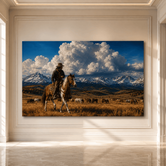Cowboy Riding Through Mountain Horse Ranch Wrapped Canvas Wall Art – Western Range Landscape Print - ART OF ROYALS