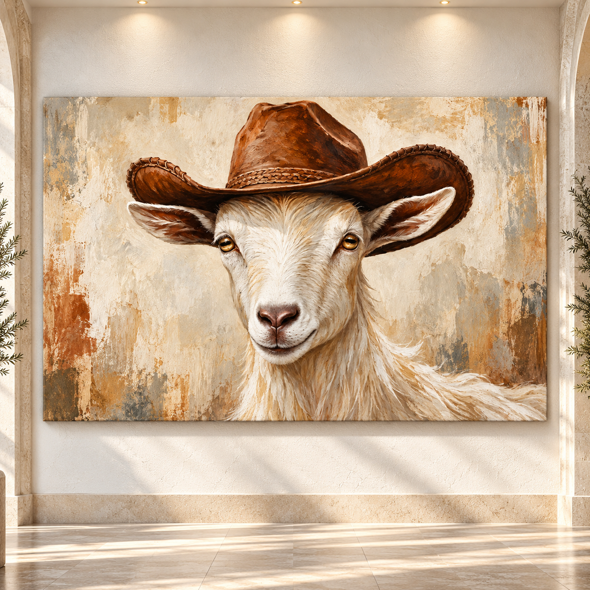 Funny Cowboy Goat Wrapped Canvas Wall Art – Western Farmhouse Goat Portrait