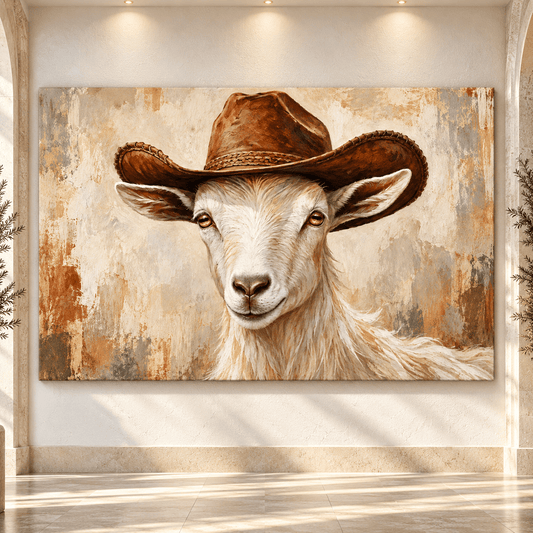 Funny Cowboy Goat Wrapped Canvas Wall Art – Western Farmhouse Goat Portrait - ART OF ROYALS