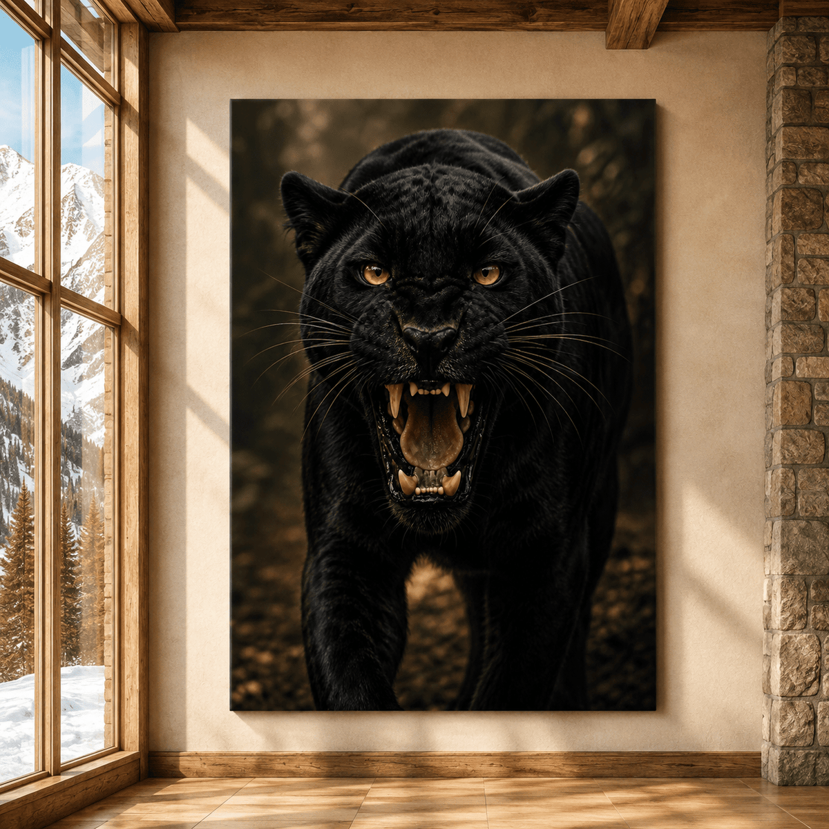 Roaring Black Panther Wrapped Canvas Wall Art – Fierce Big Cat Wildlife Print - ART OF ROYALS