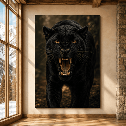 Roaring Black Panther Wrapped Canvas Wall Art – Fierce Big Cat Wildlife Print - ART OF ROYALS