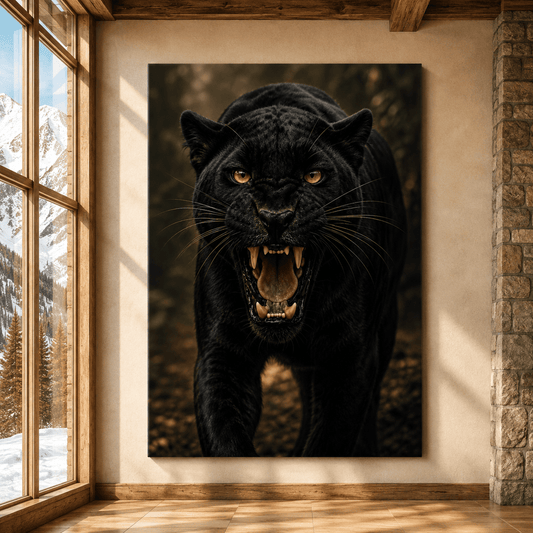 Roaring Black Panther Wrapped Canvas Wall Art – Fierce Big Cat Wildlife Print - ART OF ROYALS