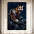 Red Fox on Rocky Ledge Wrapped Canvas Wall Art – Dark Moody Wildlife Painting Print