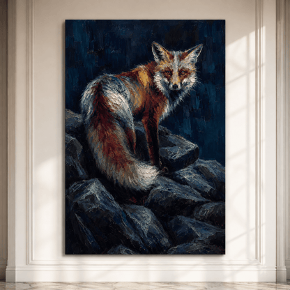 Red Fox on Rocky Ledge Wrapped Canvas Wall Art – Dark Moody Wildlife Painting Print - ART OF ROYALS
