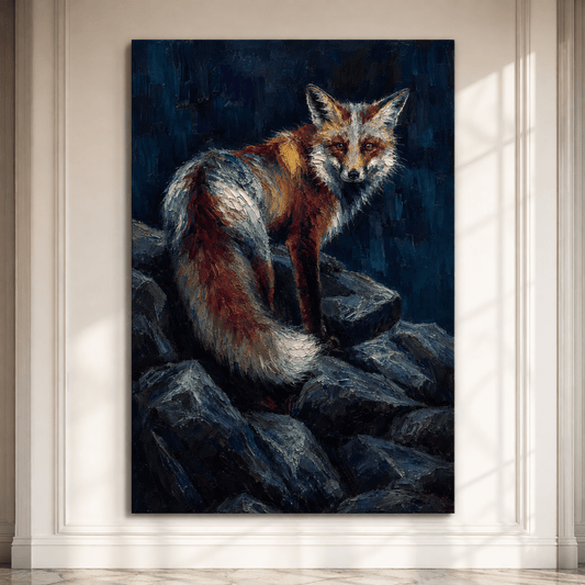 Red Fox on Rocky Ledge Wrapped Canvas Wall Art – Dark Moody Wildlife Painting Print - ART OF ROYALS