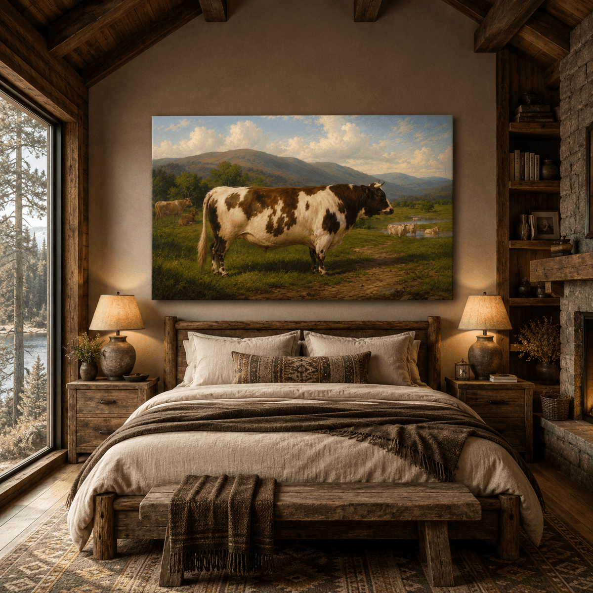 Brown and White Cow in Mountain Pasture Wrapped Canvas Wall Art – Vintage Cattle Farm Landscape Print - ART OF ROYALS
