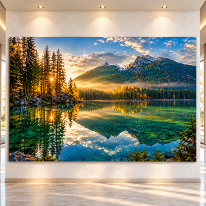 Crystal Clear Mountain Lake at Golden Sunrise Wrapped Canvas Wall Art – Alpine Forest Landscape Print