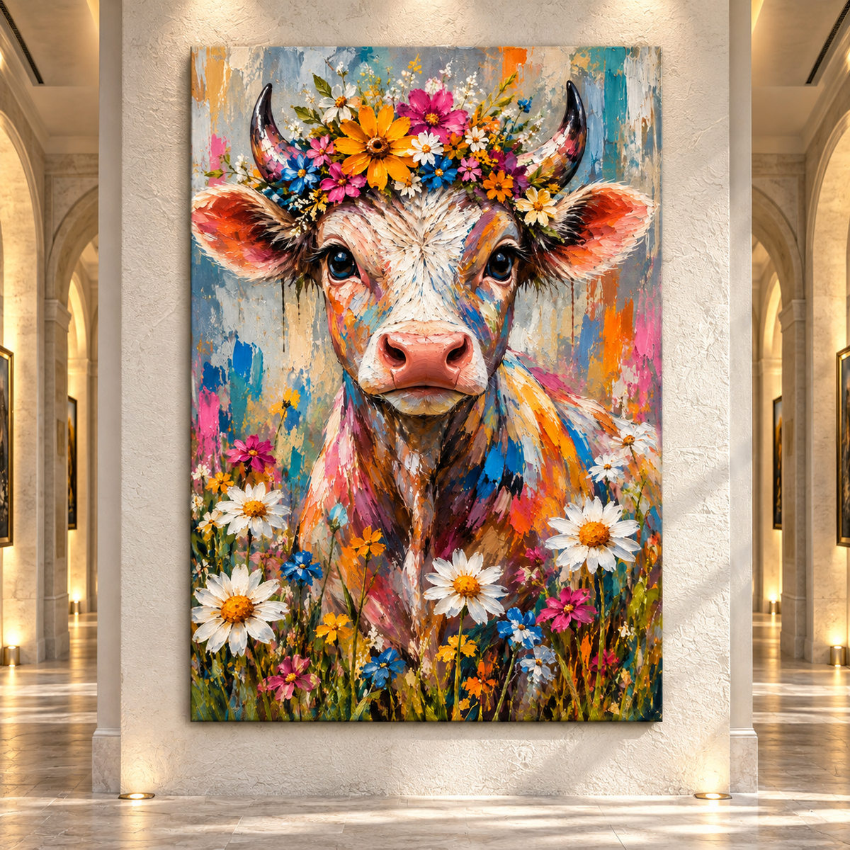 Colorful Floral Cow Wrapped Canvas Wall Art – Whimsical Farmhouse Cow Portrait with Wildflowers - ART OF ROYALS