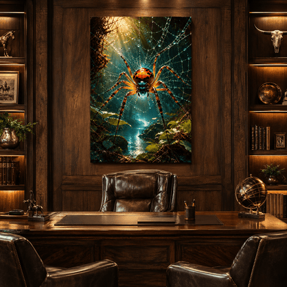 Orange Spider Web Wrapped Canvas Wall Art – Dramatic Rainforest Arachnid Nature Print - ART OF ROYALS