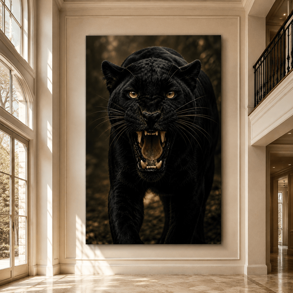 Roaring Black Panther Wrapped Canvas Wall Art – Fierce Big Cat Wildlife Print - ART OF ROYALS