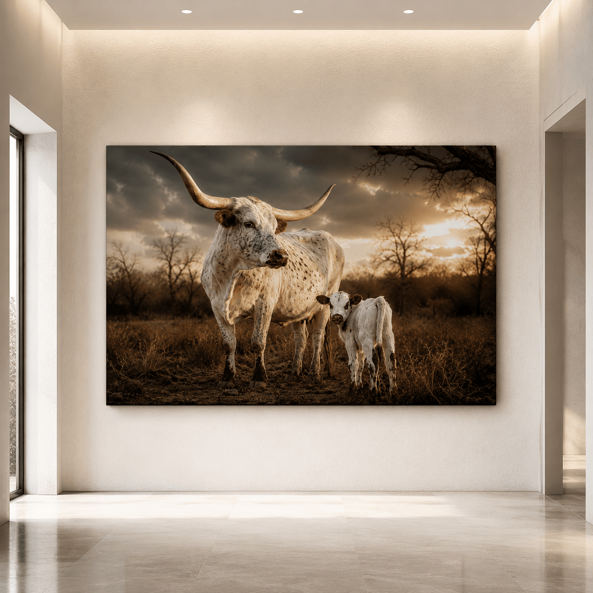 Texas Longhorn Cow & Calf Wrapped Canvas Wall Art – Rustic Western Ranch Cattle Print - ART OF ROYALS