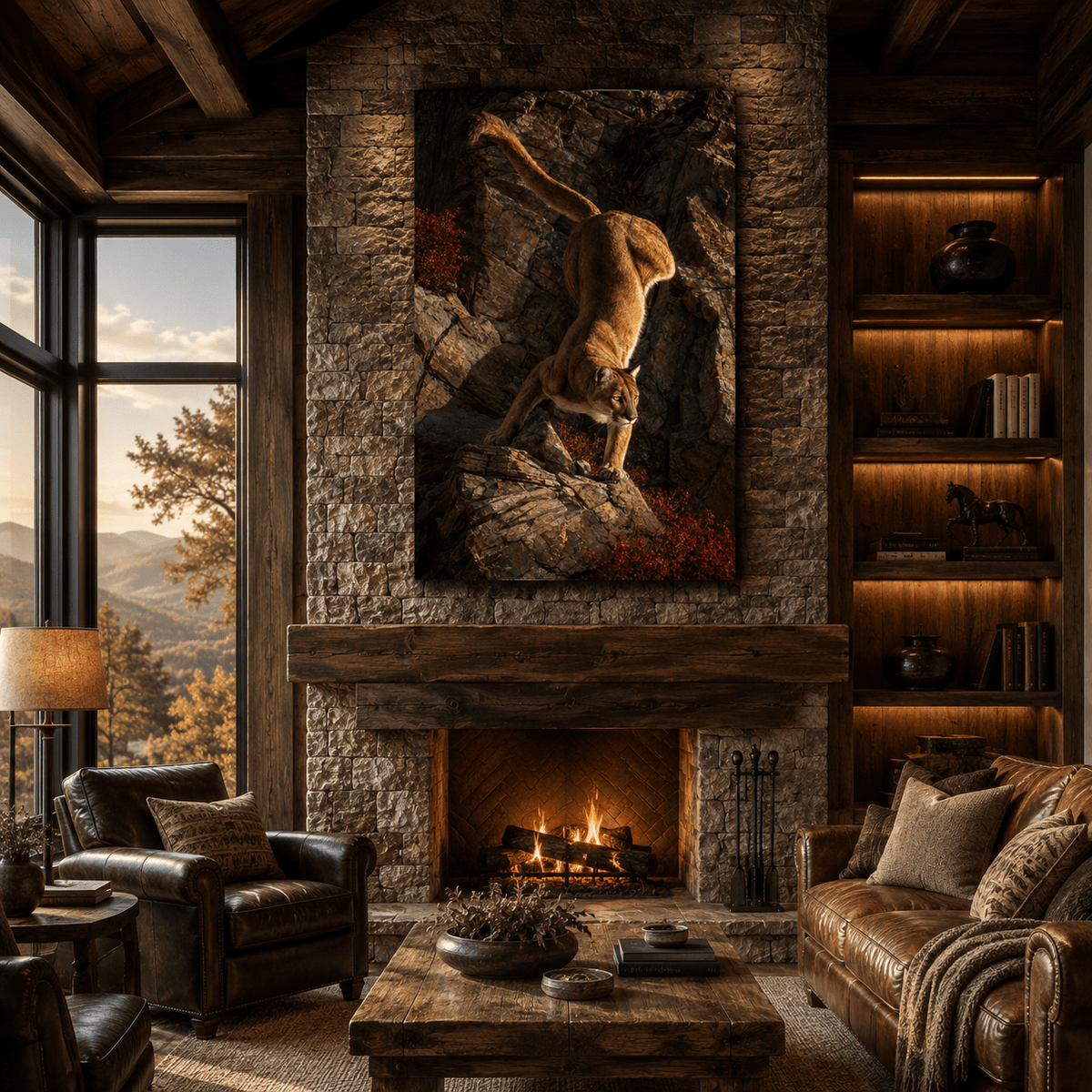 Cougar Descending Rocky Cliff Wrapped Canvas Wall Art – Autumn Wildlife Photography Print - ART OF ROYALS