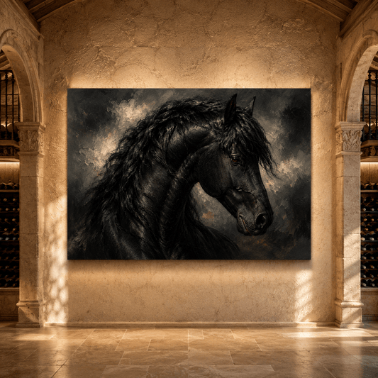 Black Friesian Horse Portrait Wrapped Canvas Wall Art – Classical Oil Painting Print - ART OF ROYALS