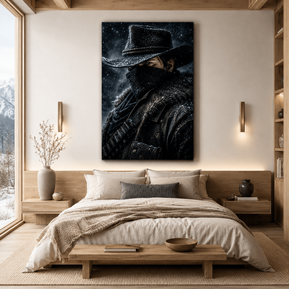 Masked Cowboy in Snow Wrapped Canvas Wall Art – Dark Western Outlaw Portrait Print - ART OF ROYALS