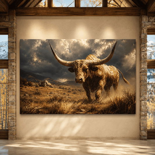 Charging Texas Longhorn Bull Wrapped Canvas Wall Art – Dramatic Western Ranch Cattle Print - ART OF ROYALS