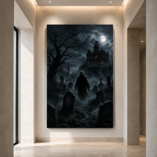 Red-Eyed Grim Reaper in Haunted Graveyard Wrapped Canvas Wall Art – Gothic Halloween Mansion Print - ART OF ROYALS