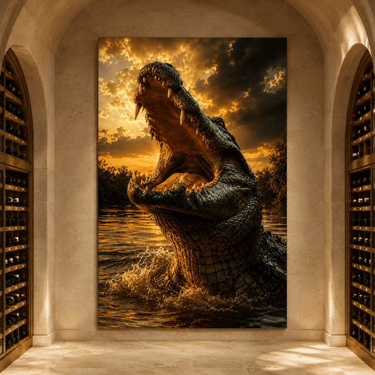 Alligator at Sunset Wrapped Canvas Wall Art – Open Jaw Swamp Wildlife Print - ART OF ROYALS