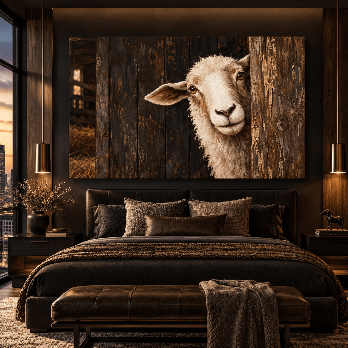 Curious Sheep Peeking from Rustic Barn Wrapped Canvas Wall Art – Farmhouse Sheep Portrait - ART OF ROYALS