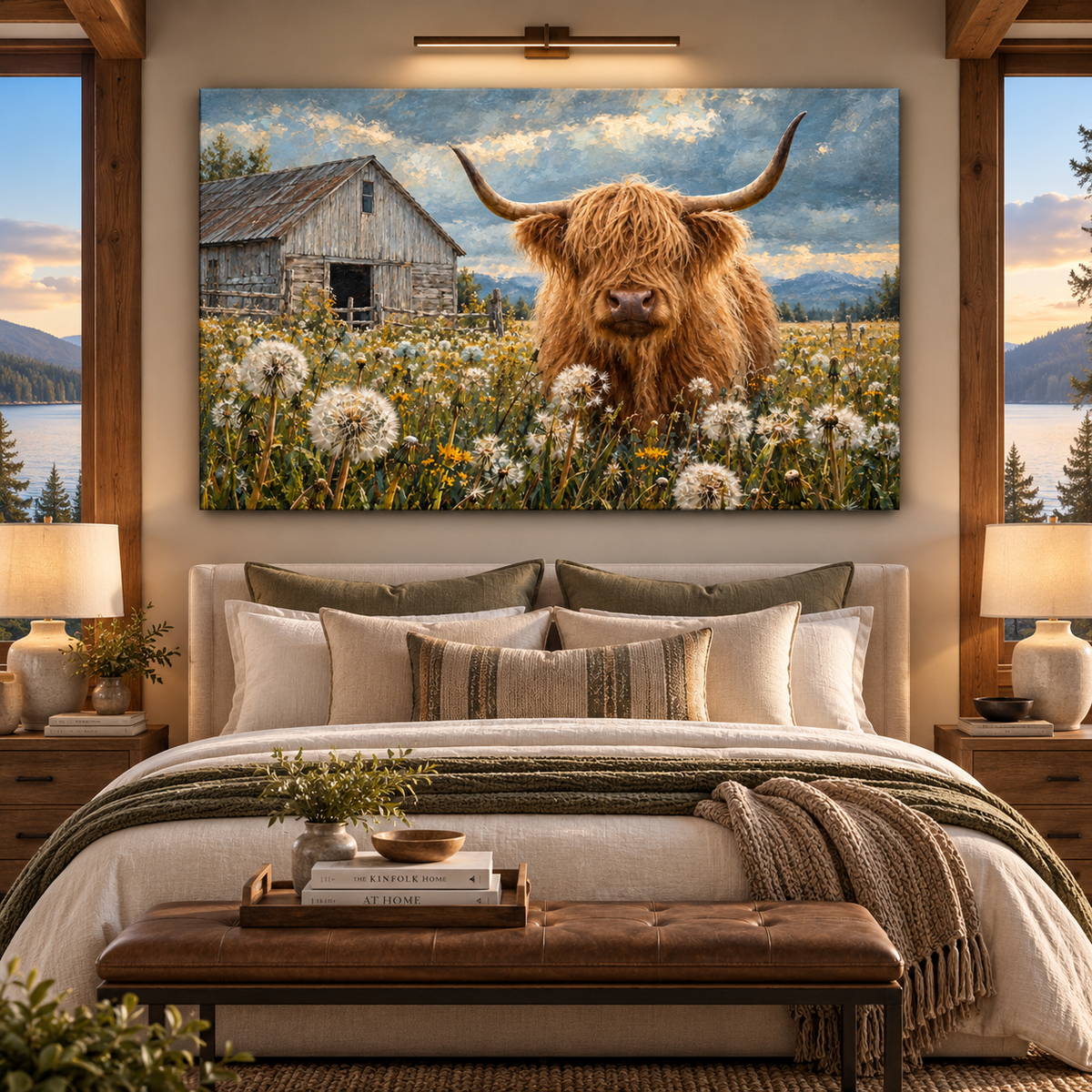 Highland Cow in Dandelion Meadow Wrapped Canvas Wall Art – Rustic Farmhouse Cattle & Barn Painting