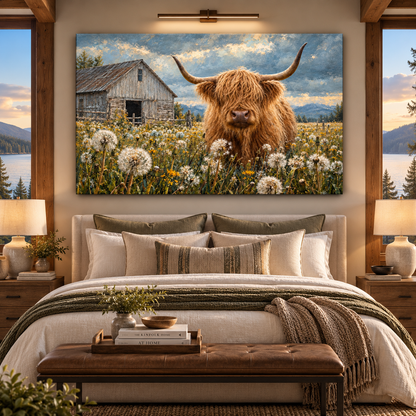 Highland Cow in Dandelion Meadow Wrapped Canvas Wall Art – Rustic Farmhouse Cattle & Barn Painting