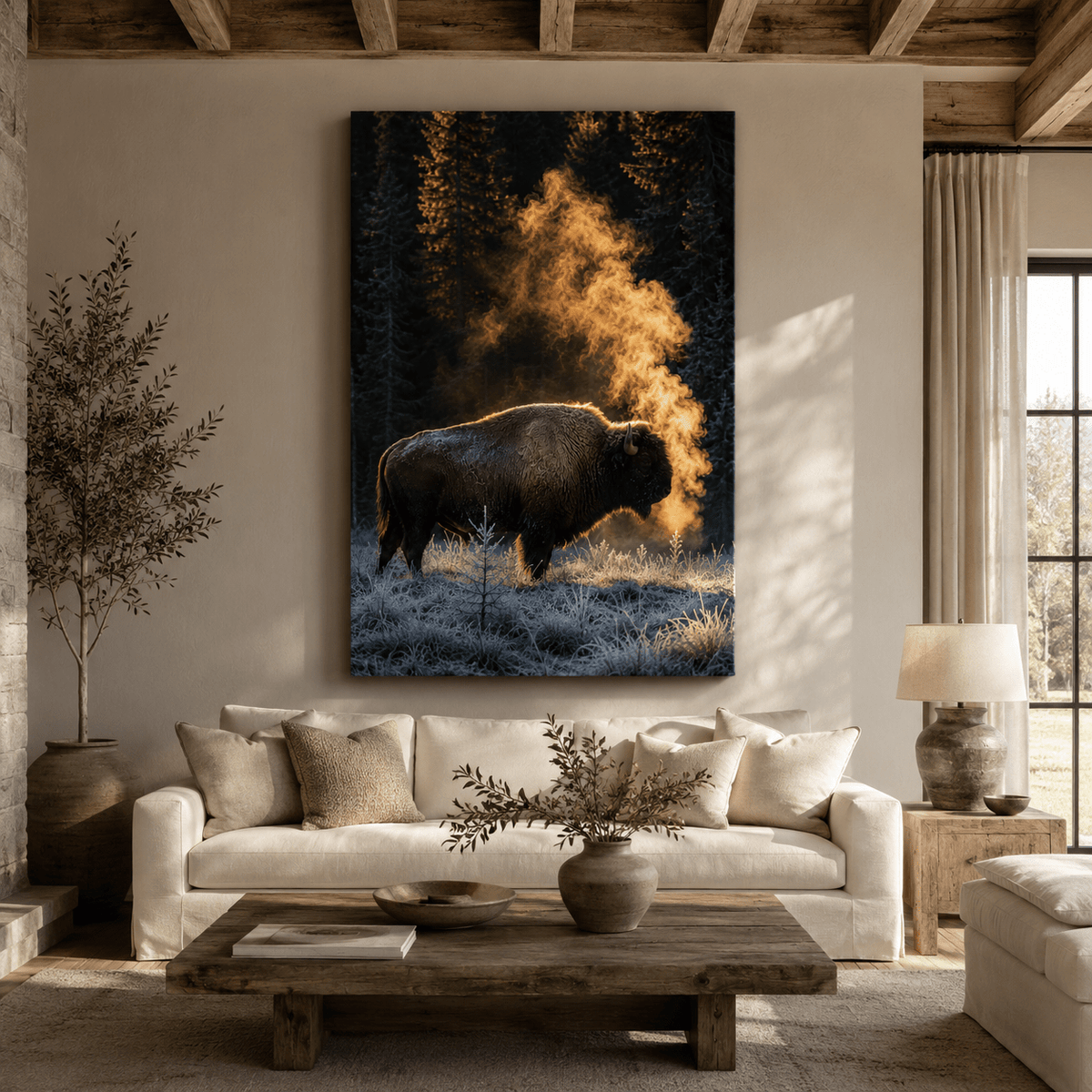 Bison in Frosty Forest Wrapped Canvas Wall Art – Winter Buffalo Wildlife Print - ART OF ROYALS