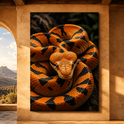 Orange & Black Snake Wrapped Canvas Wall Art – Coiled Reptile Wildlife Portrait Print - ART OF ROYALS