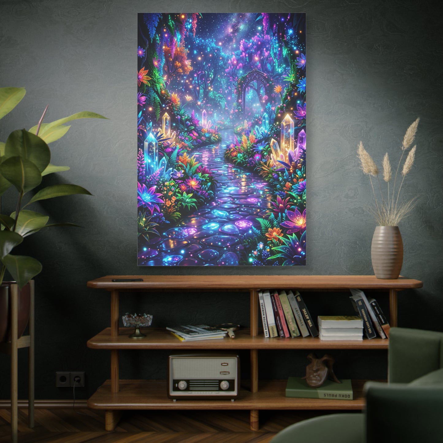 Enchanted Neon Garden Path – Magical Fantasy Canvas Wall Art