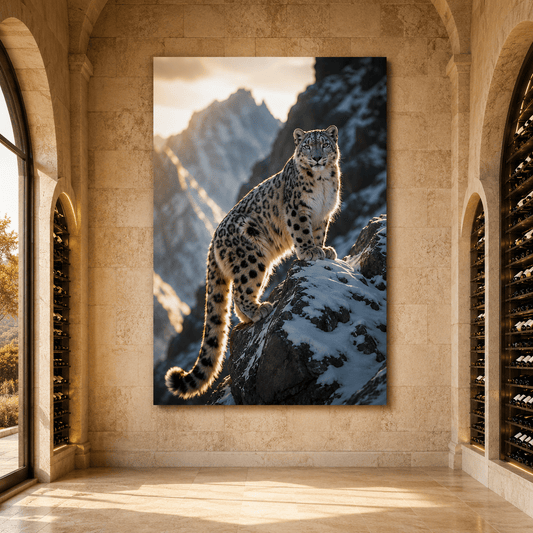 Snow Leopard on Snowy Mountain Cliff Wrapped Canvas Wall Art – Alpine Big Cat Wildlife Print - ART OF ROYALS