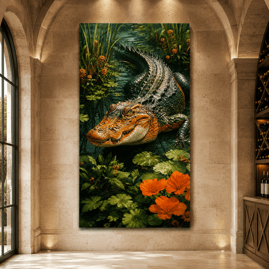 Alligator in Lotus Pond Wrapped Canvas Wall Art – Botanical Wetland Reptile Wildlife Print - ART OF ROYALS