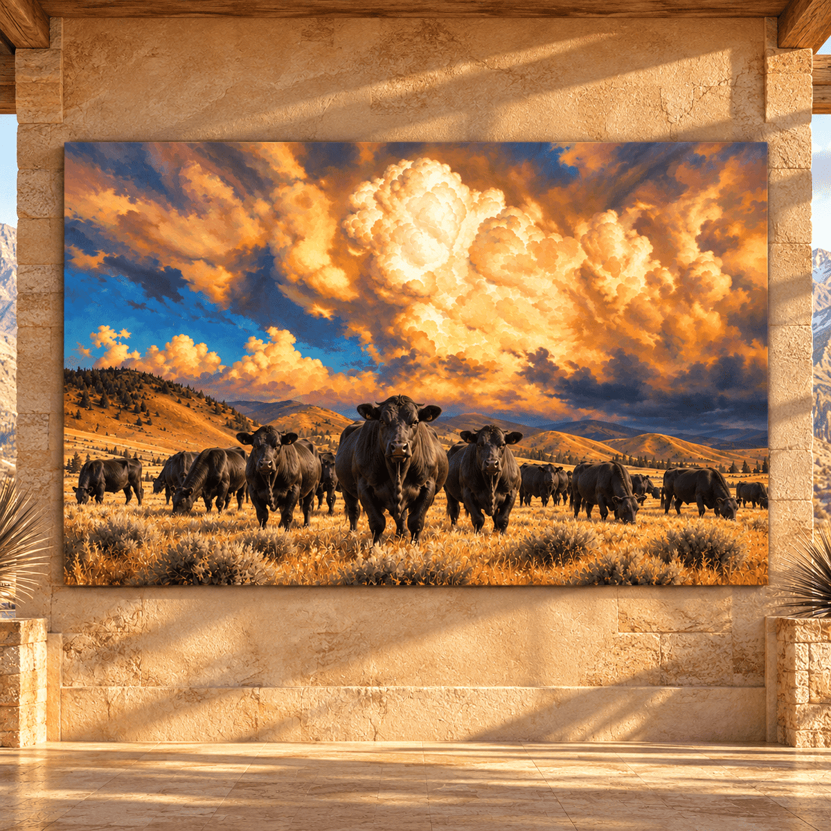 Black Angus Cattle Herd Under Golden Storm Clouds Wrapped Canvas Wall Art – Western Ranch Landscape - ART OF ROYALS