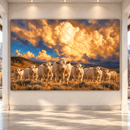 Charolais Cattle Herd Under Golden Storm Clouds Wrapped Canvas Wall Art – Western Ranch Cow Landscape - ART OF ROYALS