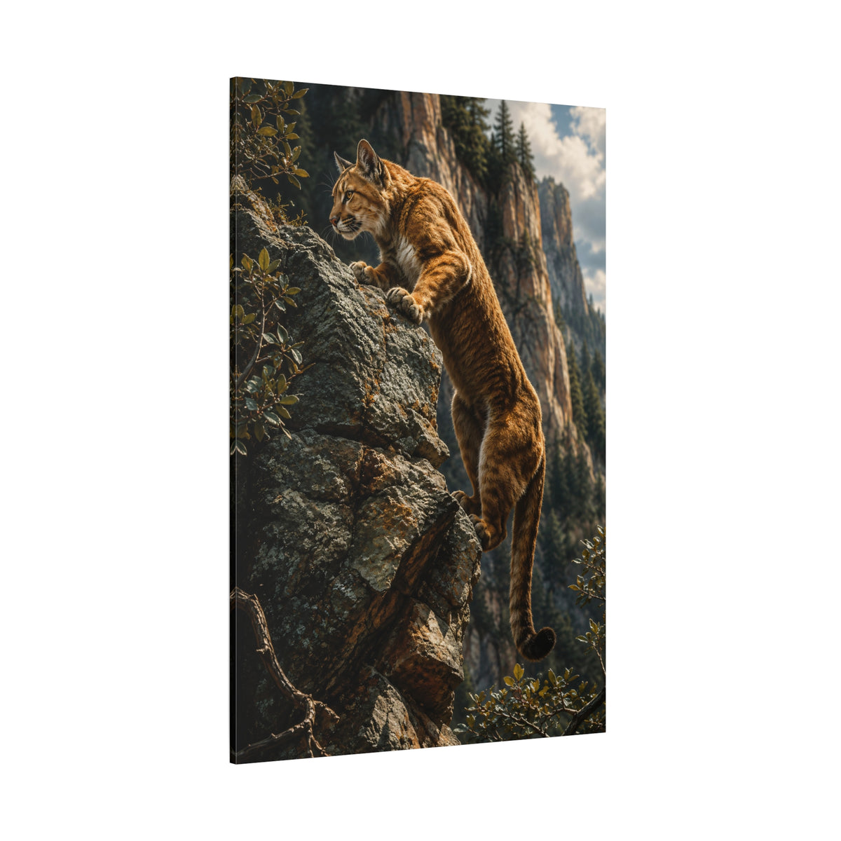 Mountain Cougar on Cliffside Wrapped Canvas Wall Art – Dramatic Wildlife Photography Print - ART OF ROYALS