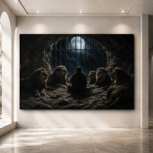 Man Surrounded by Lions Under Full Moon Wrapped Canvas Wall Art – Daniel in the Lions’ Den Biblical Print - ART OF ROYALS