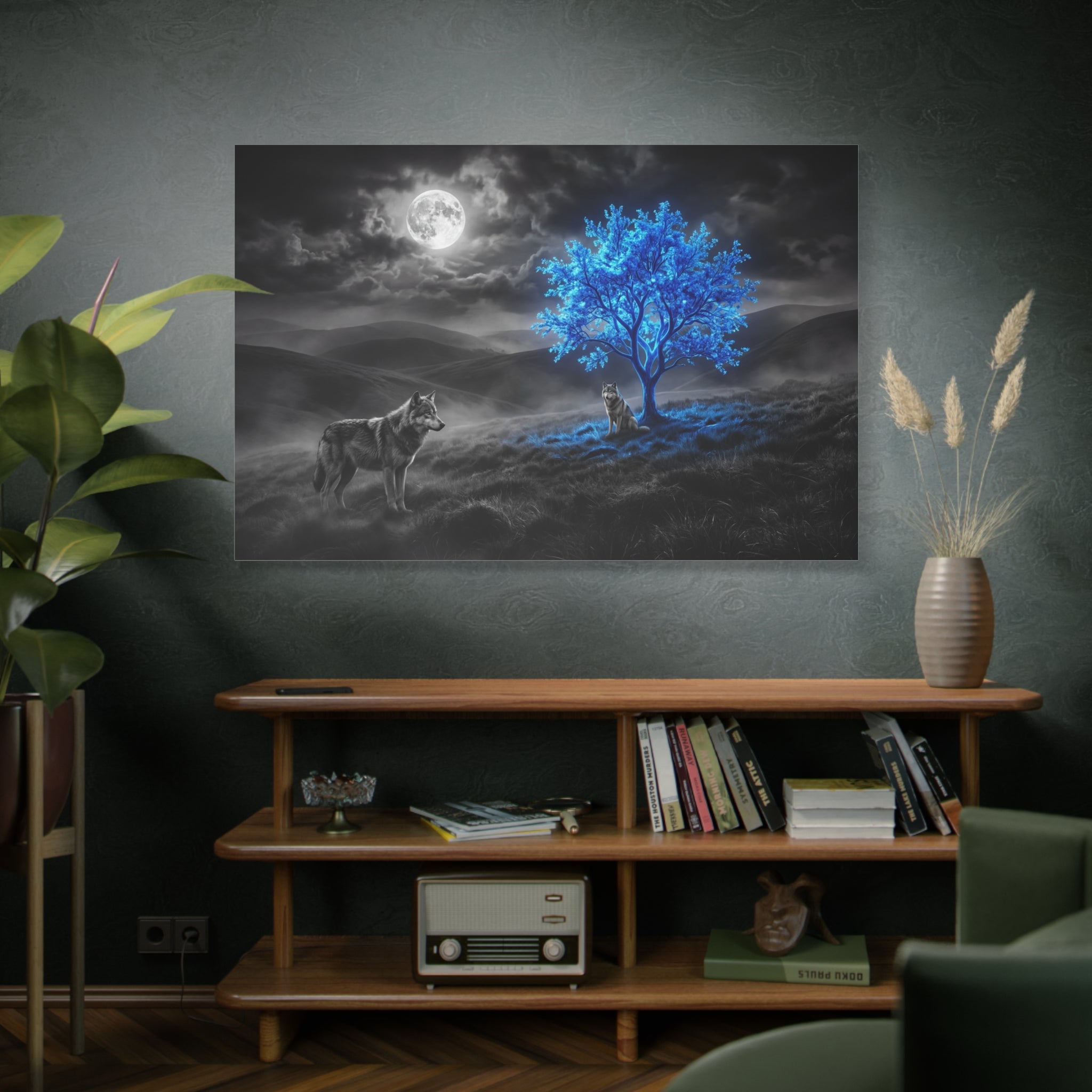 Wolf canvas wall art featuring wolves beneath a glowing moonlit tree