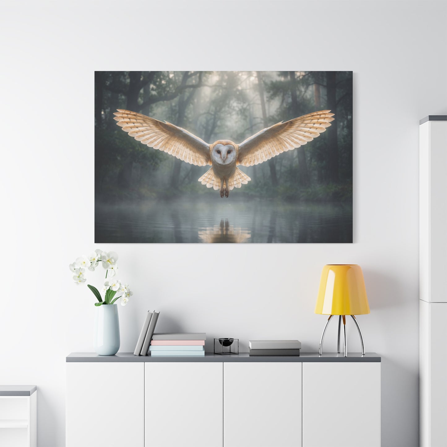 Silent Guardian – Majestic Barn Owl in Misty Forest Canvas Wall Art