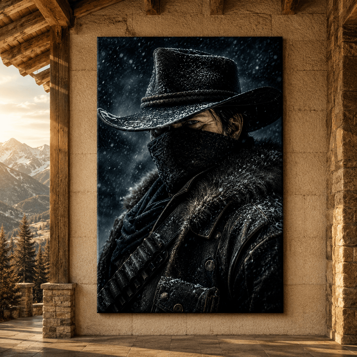 Masked Cowboy in Snow Wrapped Canvas Wall Art – Dark Western Outlaw Portrait Print - ART OF ROYALS