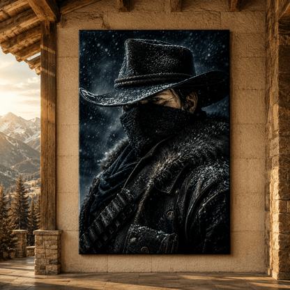 Masked Cowboy in Snow Wrapped Canvas Wall Art – Dark Western Outlaw Portrait Print - ART OF ROYALS
