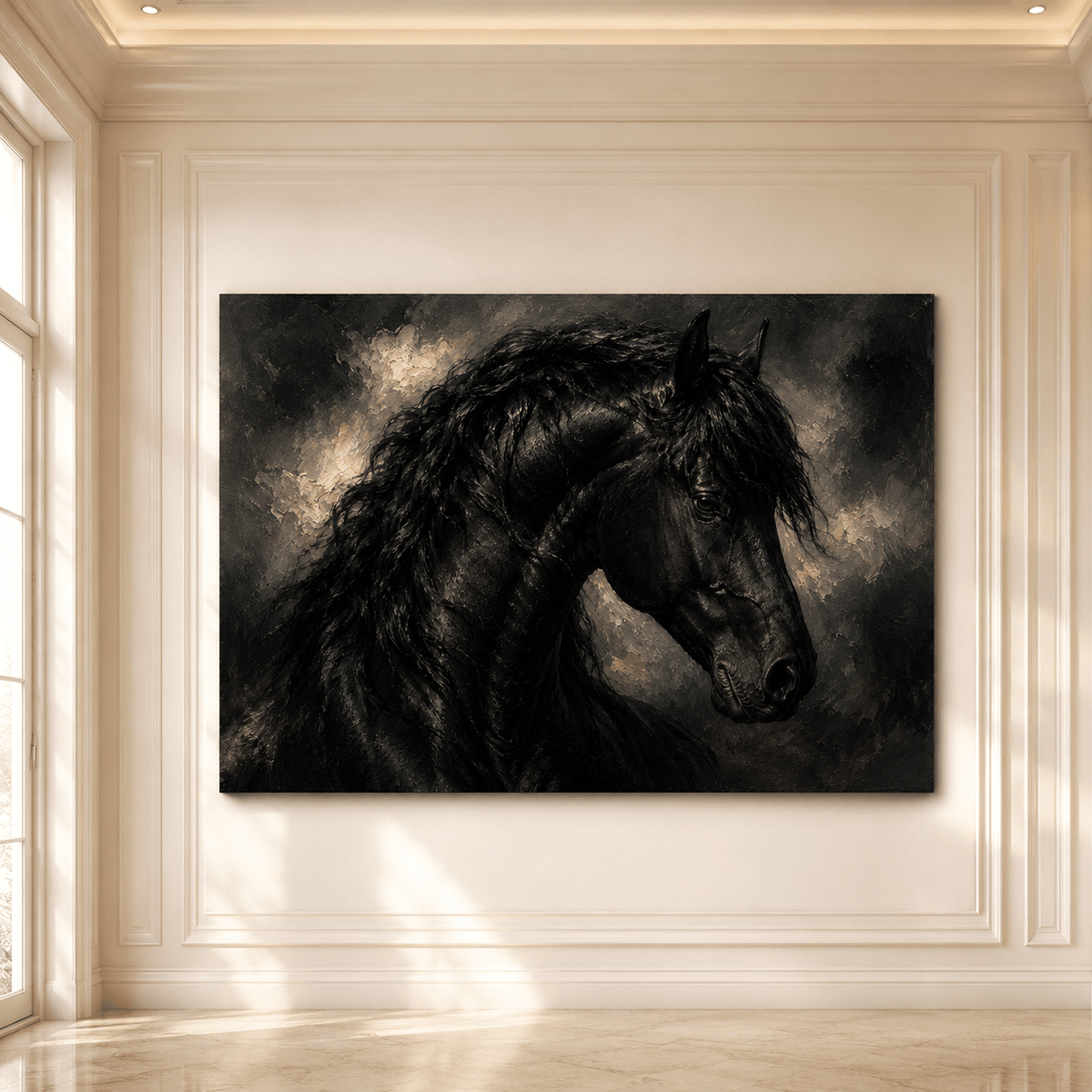 Black Friesian Horse Portrait Wrapped Canvas Wall Art – Classical Oil Painting Print - ART OF ROYALS