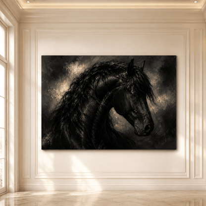 Black Friesian Horse Portrait Wrapped Canvas Wall Art – Classical Oil Painting Print - ART OF ROYALS