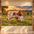 Texas Longhorn Cow and Calf at Sunset Wrapped Canvas Wall Art – Rustic Ranch Cattle Print
