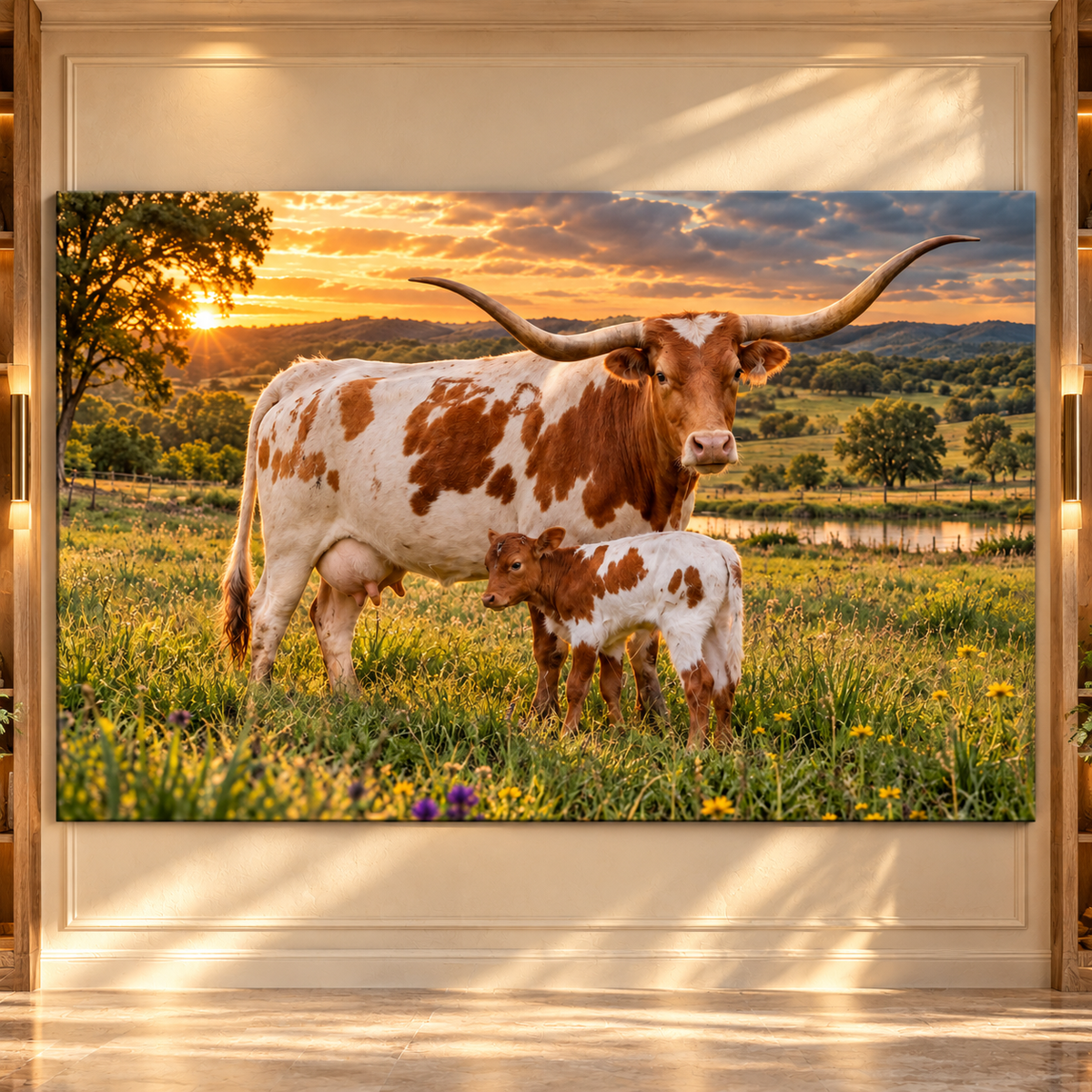 Texas Longhorn Cow and Calf at Sunset Wrapped Canvas Wall Art – Rustic Ranch Cattle Print