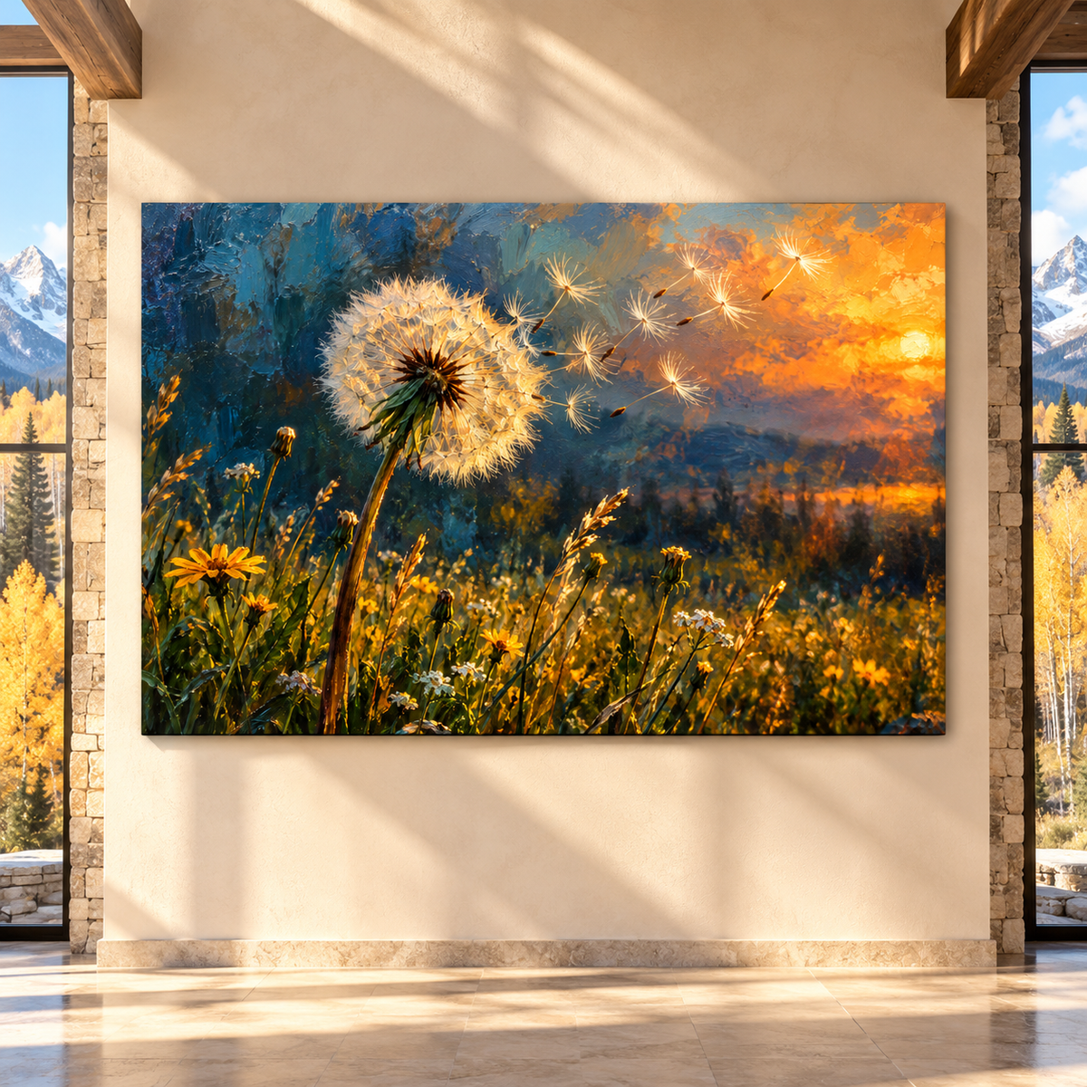 Golden Sunset Dandelion Wrapped Canvas Wall Art – Windblown Seeds & Wildflower Meadow Painting