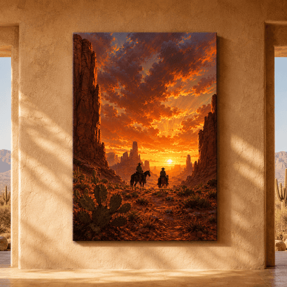 Two Cowboys Riding Into the Western Sunset Wrapped Canvas Wall Art – Desert Canyon Horseback Print - ART OF ROYALS